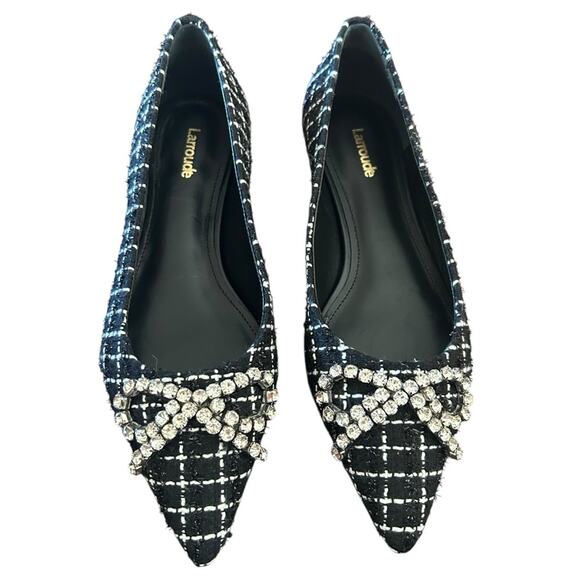 Larroude Lee Pointed Toe Slip On Tweed Flats Pearl Bow Embellished NEW 8.5